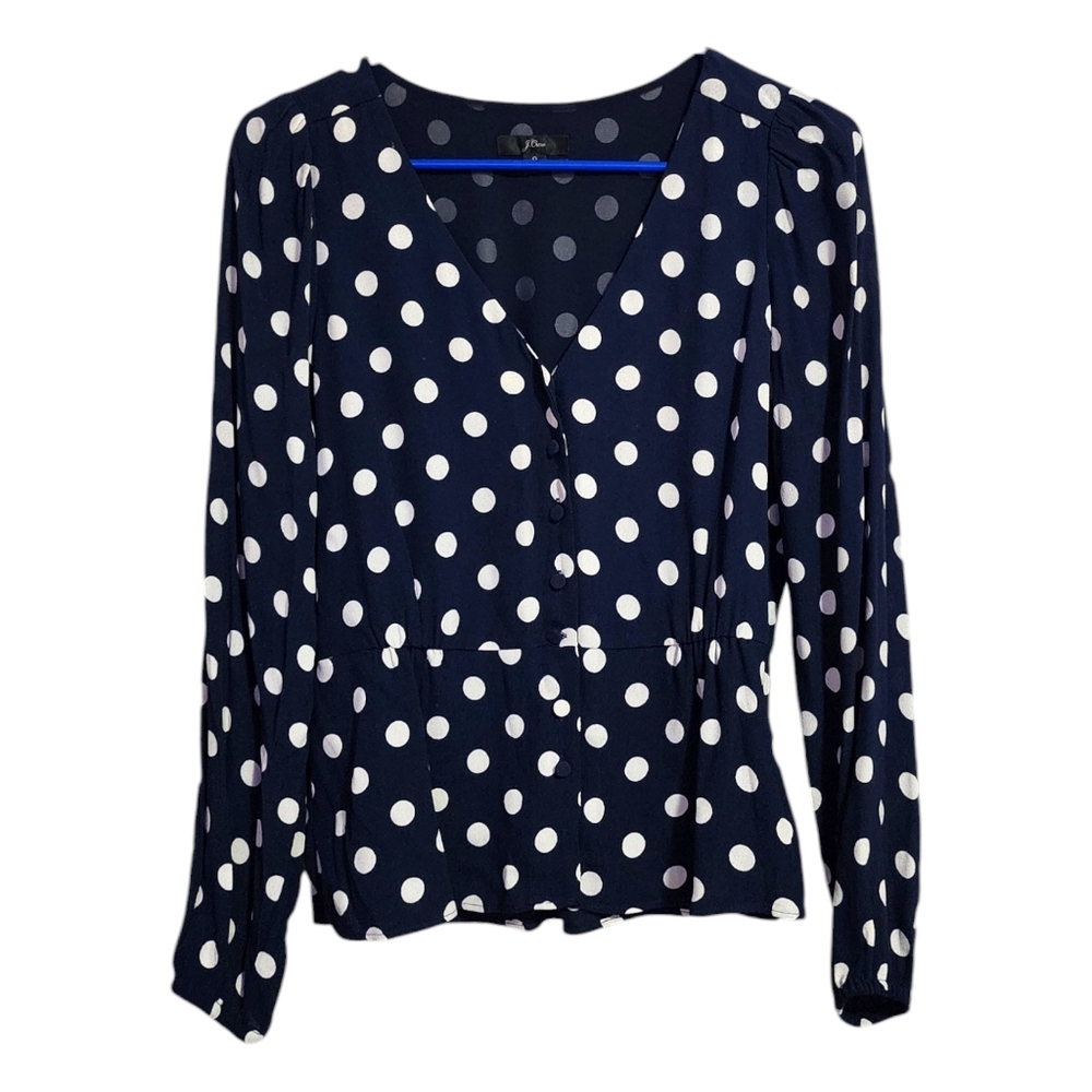 J.CREW Long-sleeve‎ peplum top in crepe polka dot navy white size 0